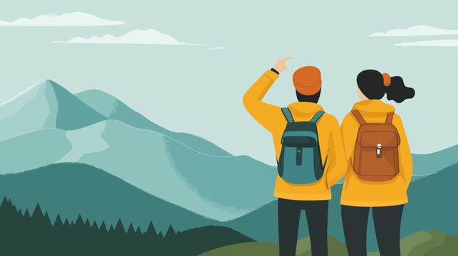 Two hikers looking at mountain range. One points. They wear yellow jackets and backpacks