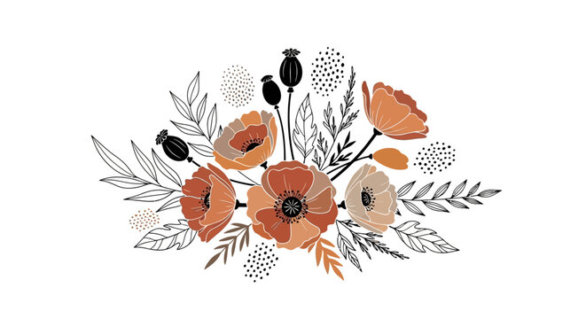 Boho floral arrangement with watercolor poppies and black ink leaves.