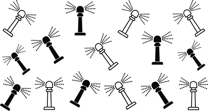 Water Spray Nozzle Icon Set with Mist Sprinkler Symbols and Cleaning Equipment in Black and White Vector Illustration Collection
