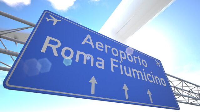 Realistic 3D render of blue sign near Rome Fiumicino Airport with passenger jet rising toward the horizon, departing from Rome, Italy. 3D rendering