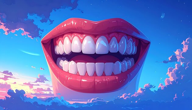 Pixel art, a giant smiling mouth with perfect white teeth and glossy pink lips against a vibrant cloudy sky at sunset, surreal beauty concept