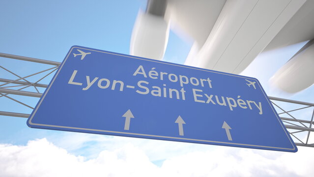 Realistic 3D render of blue sign near Lyon Saint Exupery Airport with plane nearing the city skyline, arriving to Lyon, France. 3D rendering