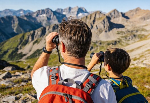 Man and boy looking through binoculars at a mountain range. Father and son hiking in an alpine landscape. Family adventure and nature observation concept