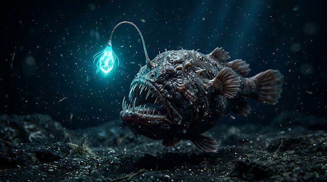 Deep-sea anglerfish with bioluminescent lure illuminates the dark abyss, showcasing its fearsome jaws and alien appearance
