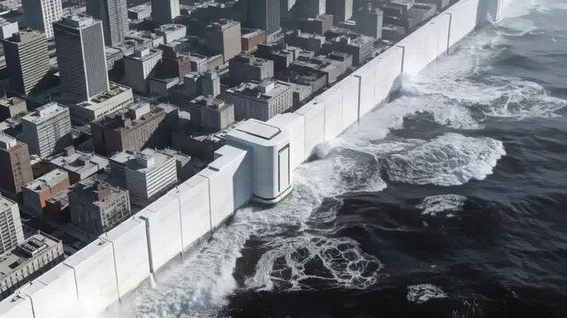 Facing concrete seawall repelling storm-driven waves along coastal city, with sluice tower spray