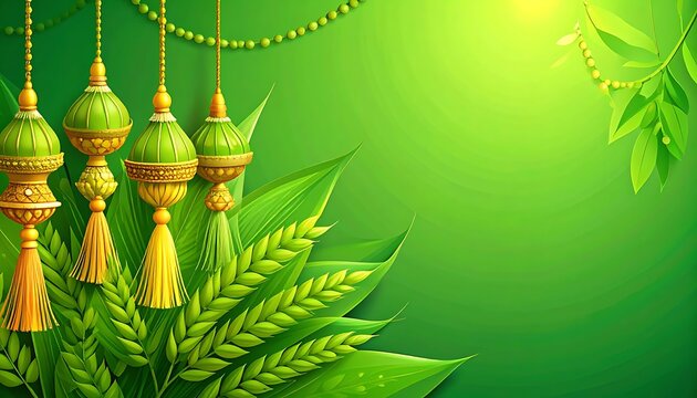 ornate green and gold tassels hanging with lush green leaves and foliage, decorative, festive, indian subcontinent inspiration