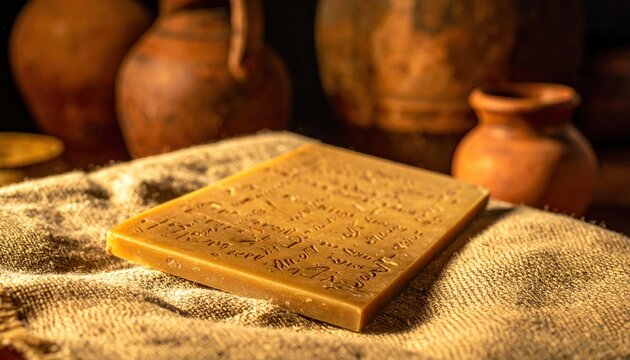 Close-up of an Ancient Roman Wax Tablet with Stylus Marks Forming Cursive Latin Script on a Textured Surface