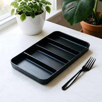 Black plastic ice cube tray on white table with plants
