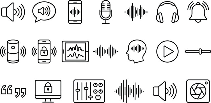 Professional audio and sound waves line icon set featuring microphone volume control headphones and digital signal processing symbols
