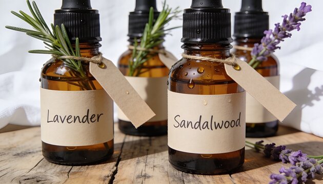 Amber glass essential oil dropper bottles with lavender and sandalwood labels. Natural aromatherapy products with fresh herbs on a rustic wooden table. Organic skincare and holistic wellness