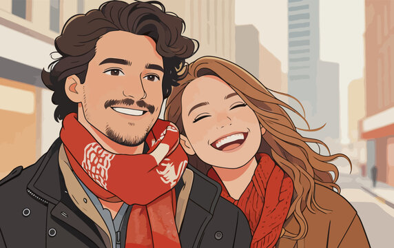 Happy young couple walking on downtown city street