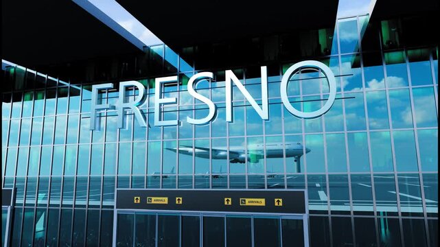 Airlane landing at Fresno, USA. Arrival in the city with reflection of airport and aircraft