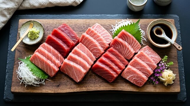  Summary of Contents
The central focus is a variety of thick-cut tuna slices expertly arranged on a natural wood serving board, which rests on a dark slate surface. The presentation includes 
