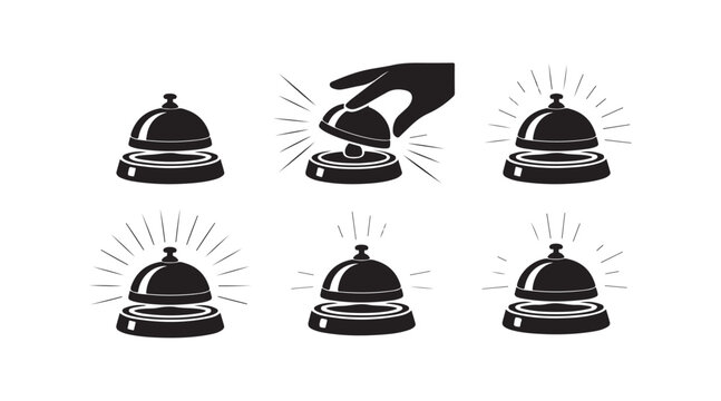 Reception desk bell icon collection for hotel service and customer assistance with ringing effect.