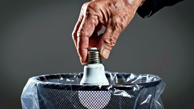 Hand holding light bulb over trash can.