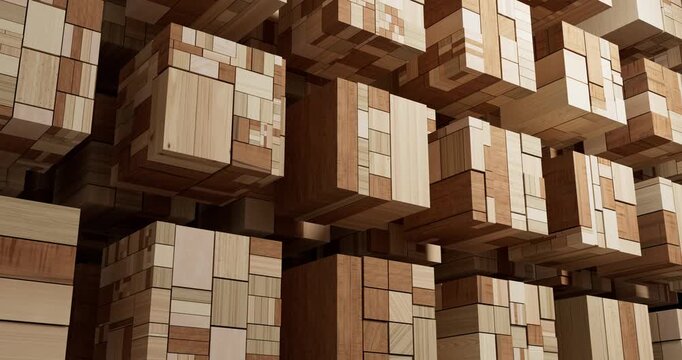 Abstract composition of floating wooden cubes arranged in a complex geometric structure.