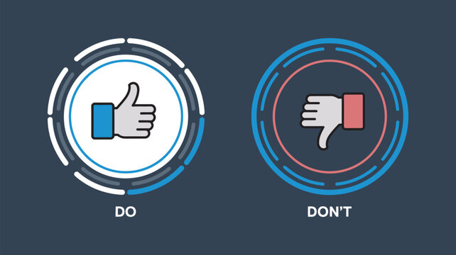Comparison graphic, thumbs up for do and thumbs down for don&rsquo;t inside circular progress bars on dark blue background representing decision making, approval and rejection concept design