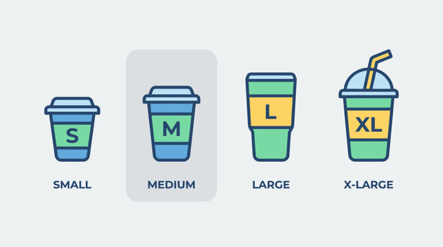 Versatile collection of beverage cup sizes for drinks, showcasing small, medium, large, and extra-large options in a vibrant icon style