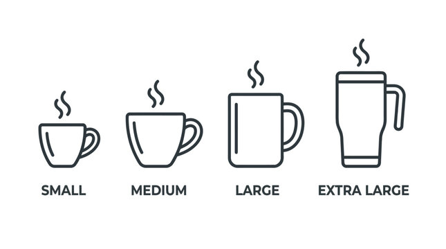 Various sizes of coffee mugs and cups with steaming effect, labeled from small to extra large