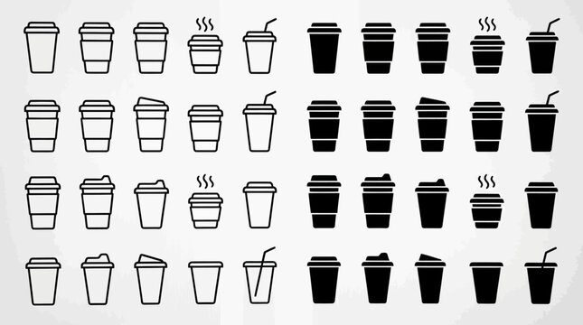 Collection of black and white disposable coffee cups with lids and straws