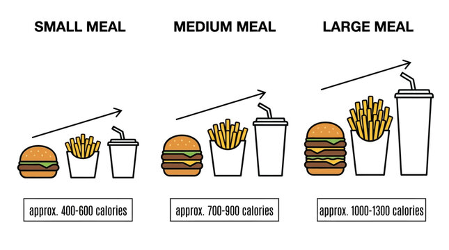 Understanding Portion Sizes Small, Medium, and Large Meal Calorie Counts and Food Visualizations