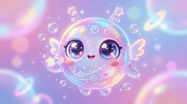 Cute cartoon bubble character with wings and sparkles floating in a magical pastel background with hearts and stars.