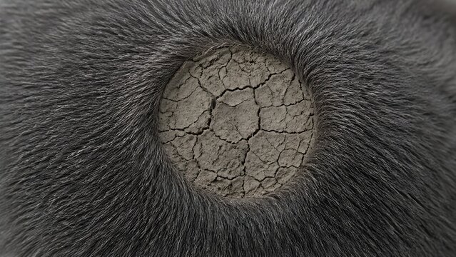 A detailed macro texture study of a circular area of cracked, dry earth-like texture embedded within grey cat fur, conceptually representing ringworm or severe dermatitis in a veterinary medical style