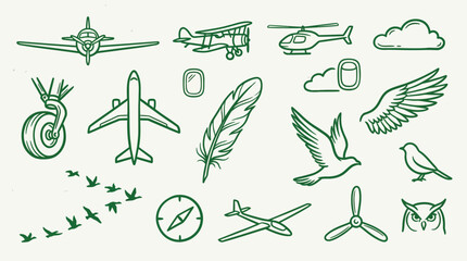A collection of hand-drawn aviation and bird-related icons, featuring airplanes, helicopters, feathers, and wings. © logan