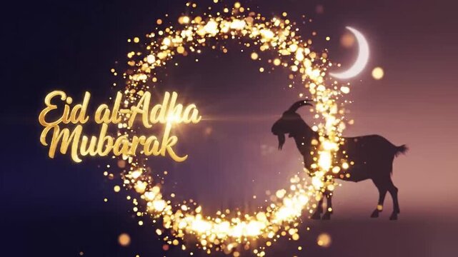 Eid al adha mubarak design with glowing circular particles and faint goat in soft gradient background