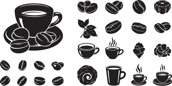 Coffee cup and roasted bean icon silhouette collection