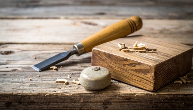 An antique bronze chisel and a smooth stone mallet resting on a rustic wooden surface next to a partially carved block of wood, ready for craftsmanship.