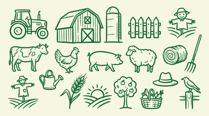 Set of farm and agriculture related icons, including animals, buildings, tools, and crops, in a green line art style. © logan