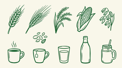Collection of hand-drawn illustrations featuring various grains and beverages, perfect for food and drink related designs. © logan