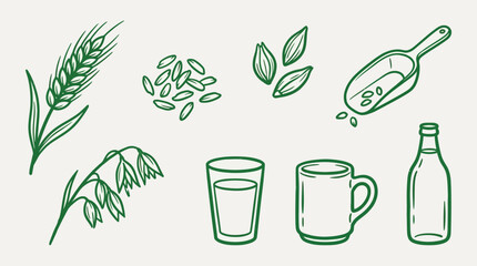 Set of hand-drawn illustrations showcasing oat and wheat plants, grains, and various containers for milk and beverages. © logan