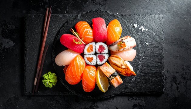 sushi auf schwarzem stein, dramatisches licht, minimalistisch, japanische high end k&uuml;che