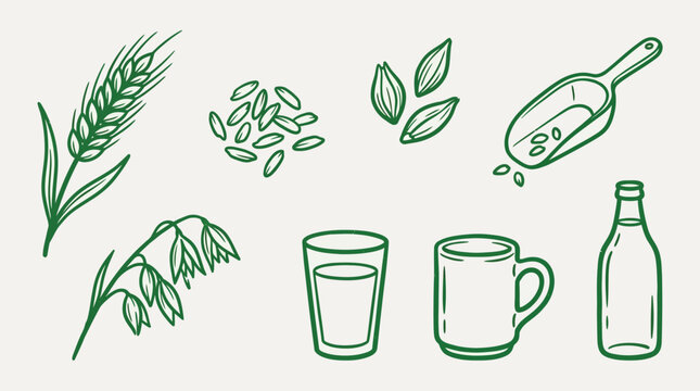 Set of hand-drawn illustrations showcasing oat and wheat plants, grains, and various containers for milk and beverages.