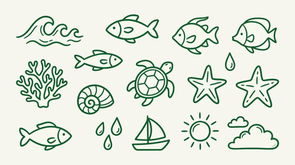 Fototapeta premium A collection of hand-drawn sea creatures and ocean elements in a simple green outline style.