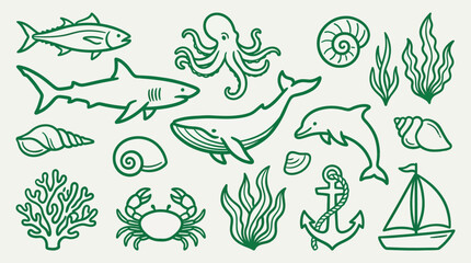 Oceanic marine life and sea creatures doodle set, hand-drawn aquatic animals and underwater elements collection. © logan