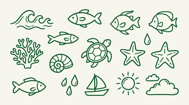 A collection of hand-drawn sea creatures and ocean elements in a simple green outline style.