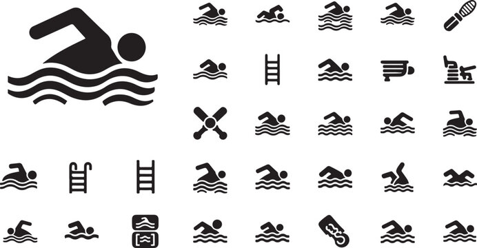 Swimming and water sports icons collection with diving board