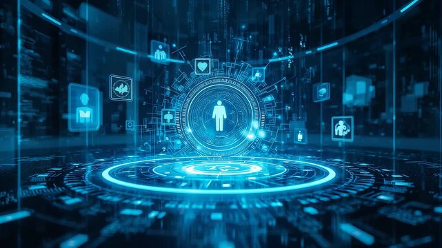 Digital healthcare platform with glowing patient interface, medical data network, online diagnostics and connected health technology system