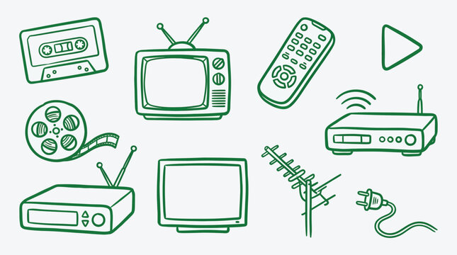 Collection of hand-drawn vintage media and entertainment technology icons in green outline on a white background, including television, remote control, and film reel.