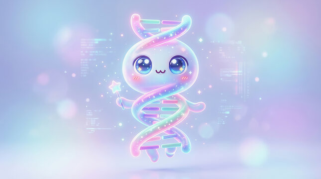 Cute cartoon DNA double helix character with glowing eyes and colorful strands floating in a soft bokeh background
