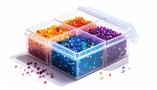 Plastic organizer box filled with colorful small rhinestones beads and craft supplies for DIY projects