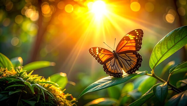 Monarch butterfly perched on a vibrant green leaf, bathed in warm golden sunlight filtering through a forest canopy, creating a magical atmosphere