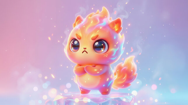 Cute cartoon fire fox cub with angry expression and glowing flames on pink and blue gradient background