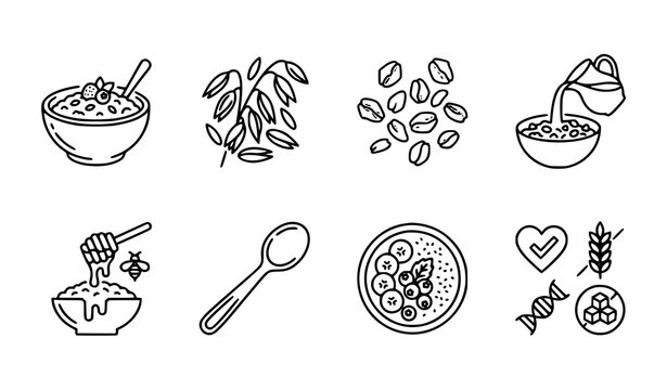 Oatmeal outline icon set with healthy breakfast bowl oats flakes and nutrition symbols for web and app design