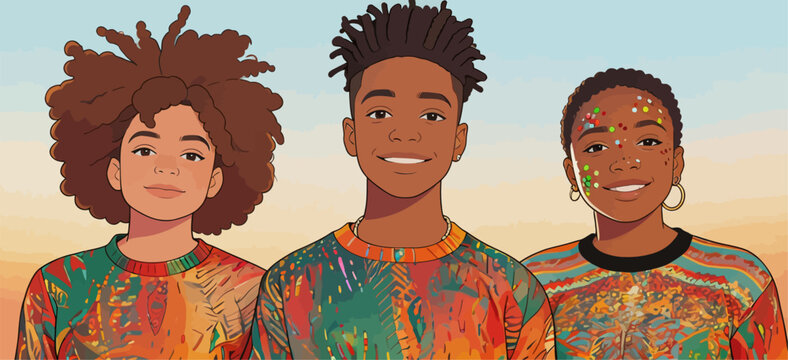 Three smiling young African American friends in matching patterned tops
