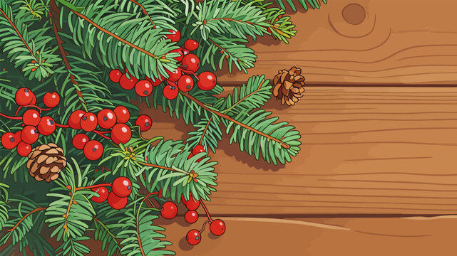 Christmas Fir Branch with Berries and Pinecones on Wooden Background