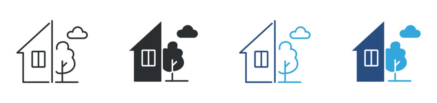 Indoor and outdoor icon set. house with tree and cloud. home exterior and environment concept. vector illustration.